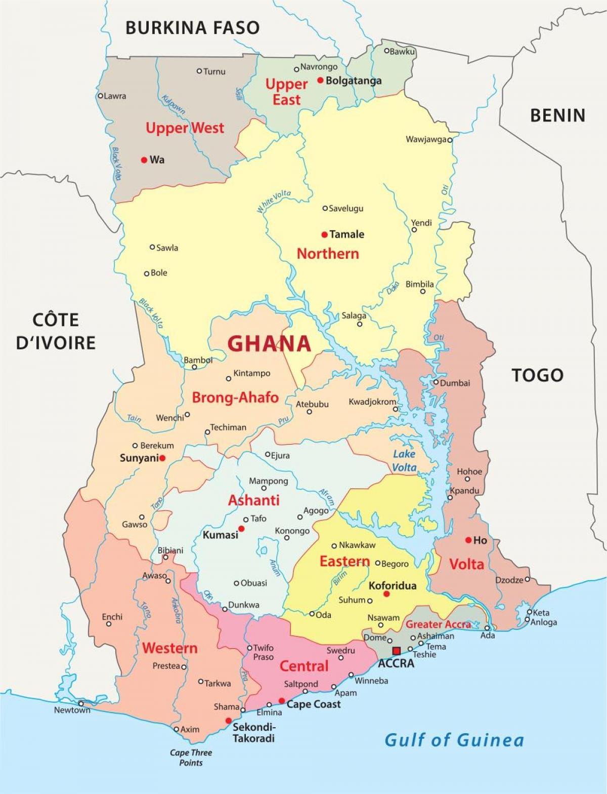 карта Ганы паказваючы акругаў